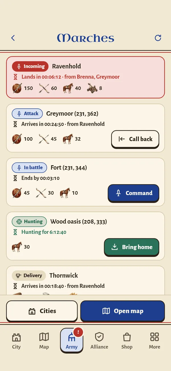 The Marches screen listing incoming and outgoing armies