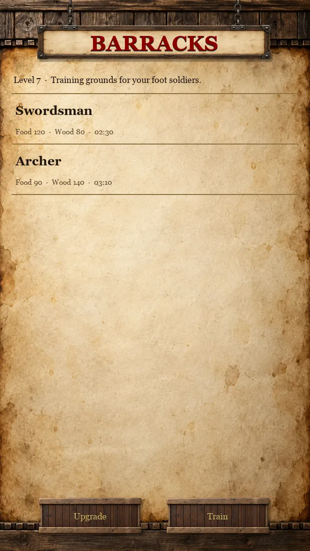 The barracks screen on parchment, listing troops with their costs and training times.