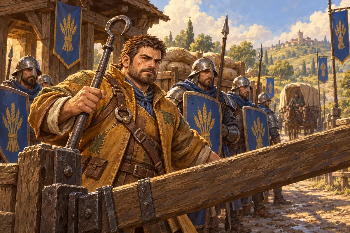 Brannik Sedge at a wooden barrier, with soldiers under blue wheat-sheaf banners behind him