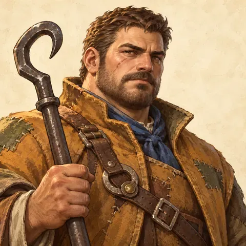 Brannik Sedge, a burly man in a patched leather coat holding an iron hook