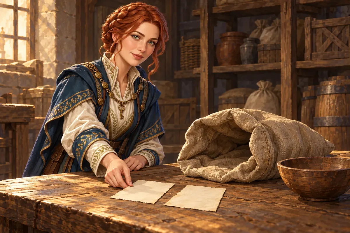 Mira the Steward at a table, reading a receipt beside a split sack of flour