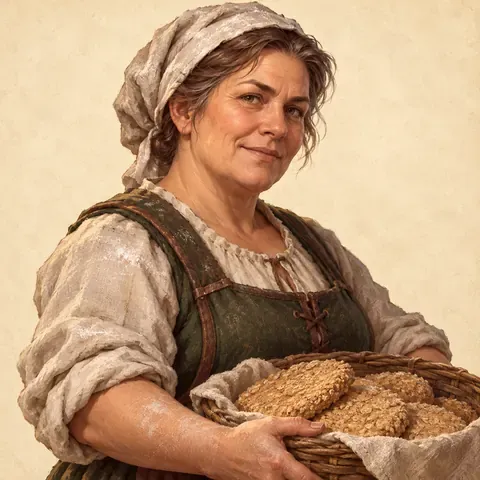 A smiling village woman holding a basket of bread