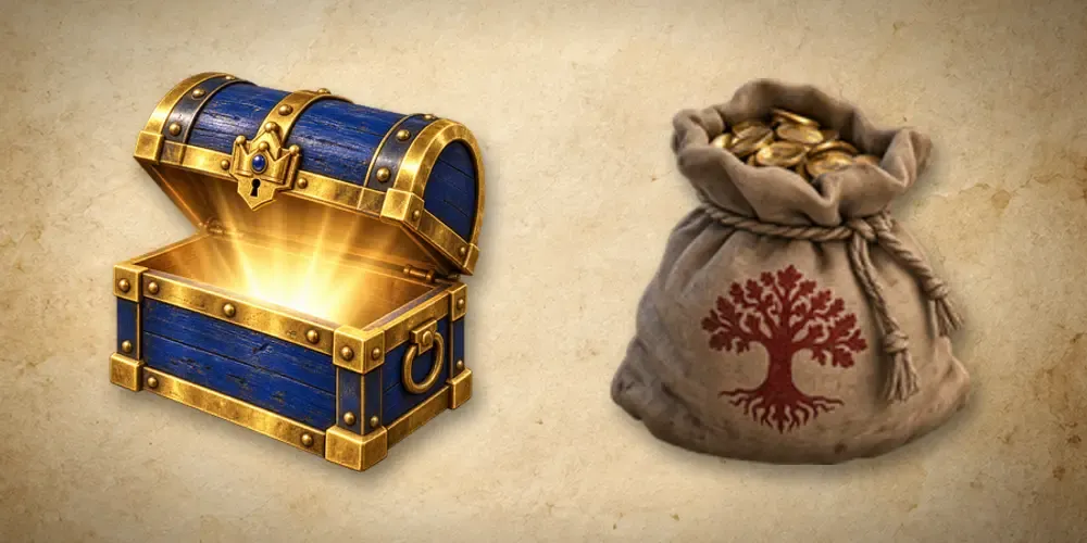 An open treasure chest and a bag of Gold