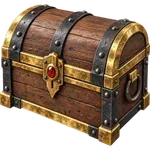 A painted wooden treasure chest bound in gold and iron.