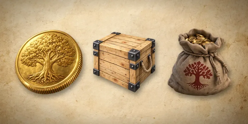A Coin, a resource crate and a bag of Gold