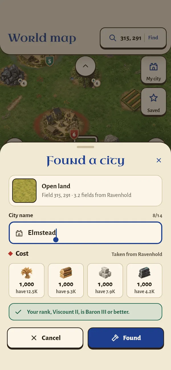 The Found a city sheet with a name and the cost