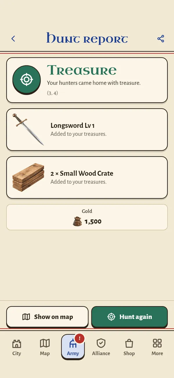 A hunt report showing a Longsword, two wood crates and Gold