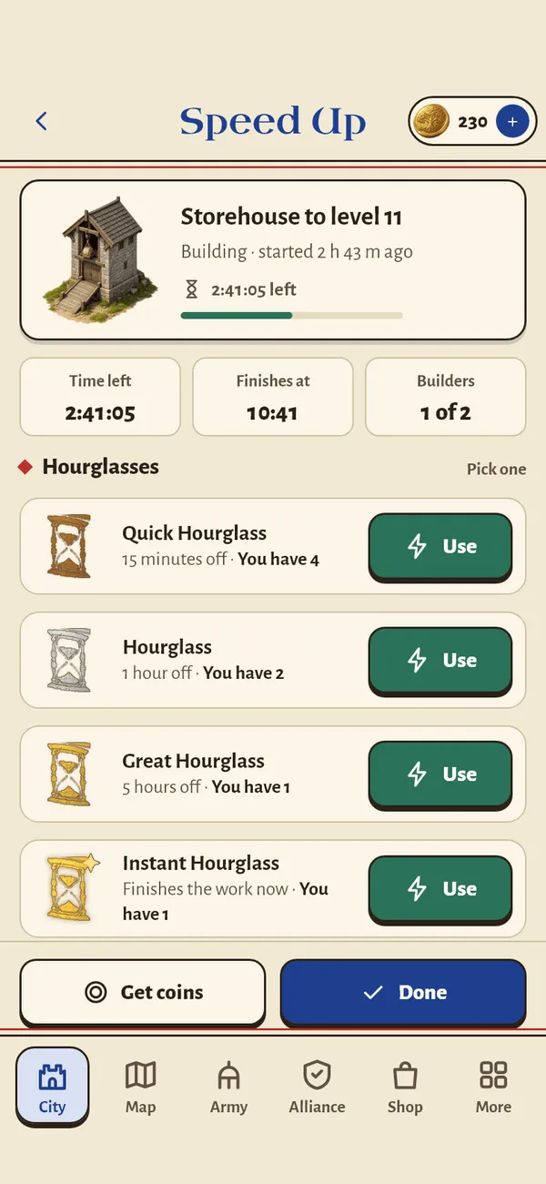 The Speed Up screen for a Storehouse upgrade, with four hourglasses to choose from