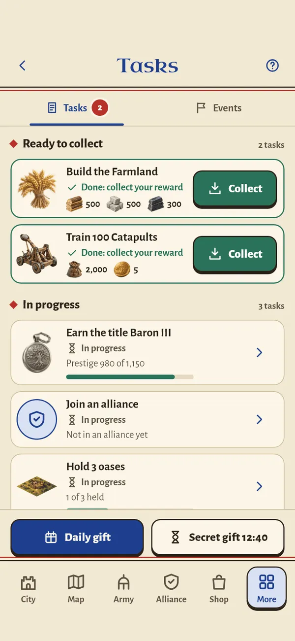 The Tasks screen with a title task in progress