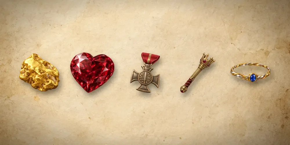 A Gold Nugget, a Ruby, a Valour Medal, a Sceptre and a Circlet