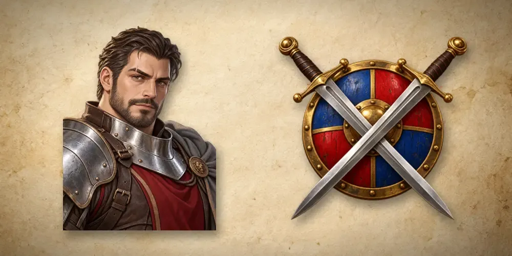 Rowan the Barracks Captain beside a battle crest