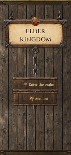 The welcome screen: an Elder Kingdom sign hanging on a plank wall.
