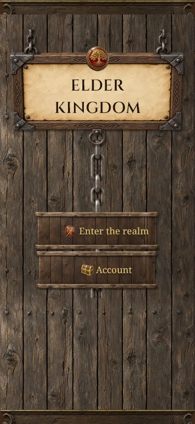 The welcome screen: an Elder Kingdom sign hanging on a plank wall.