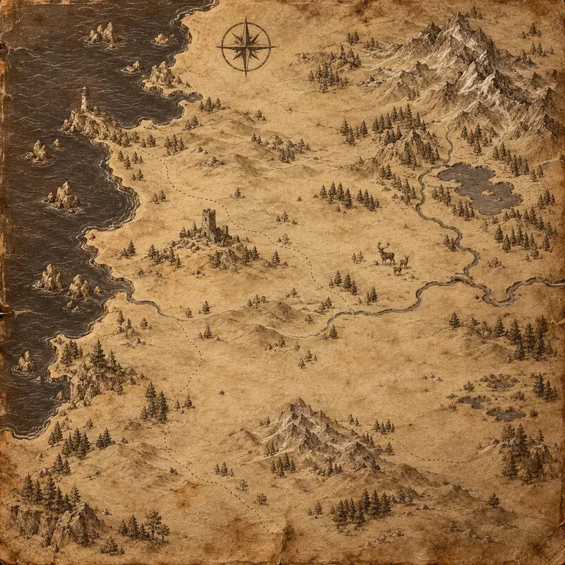 A painted parchment map of the realm, with coast, forests, mountains and a tower.